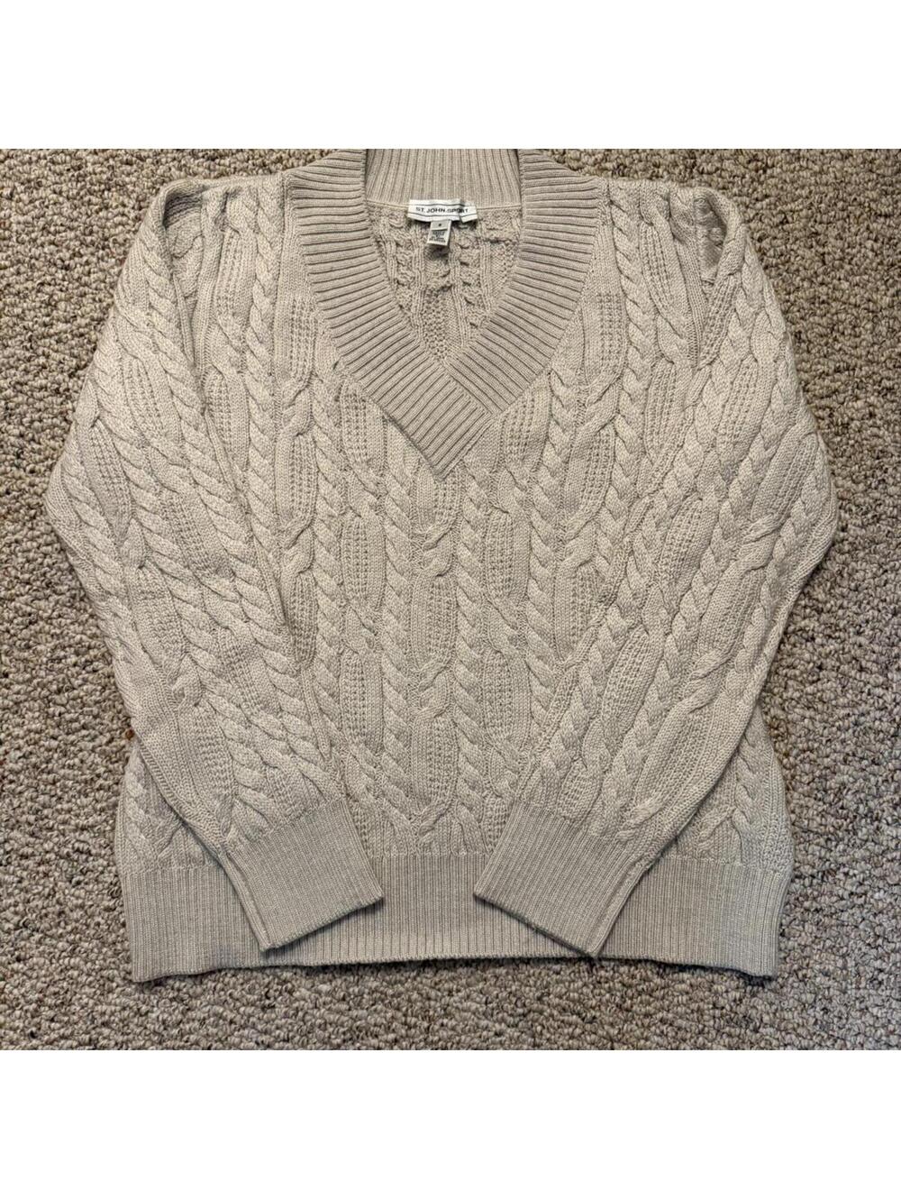 St. John Sport vintage beige cable knit V neck sweater